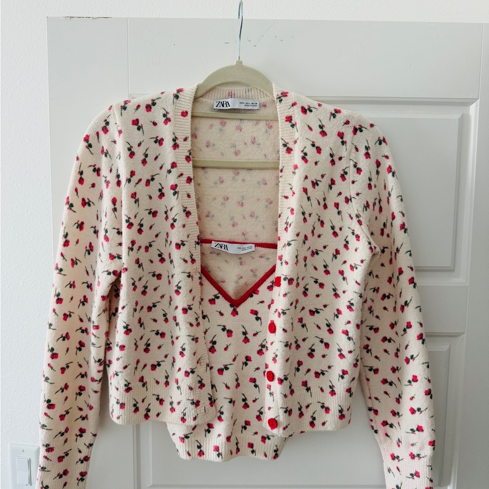 Zara Cream and Red Floral Knit Set
